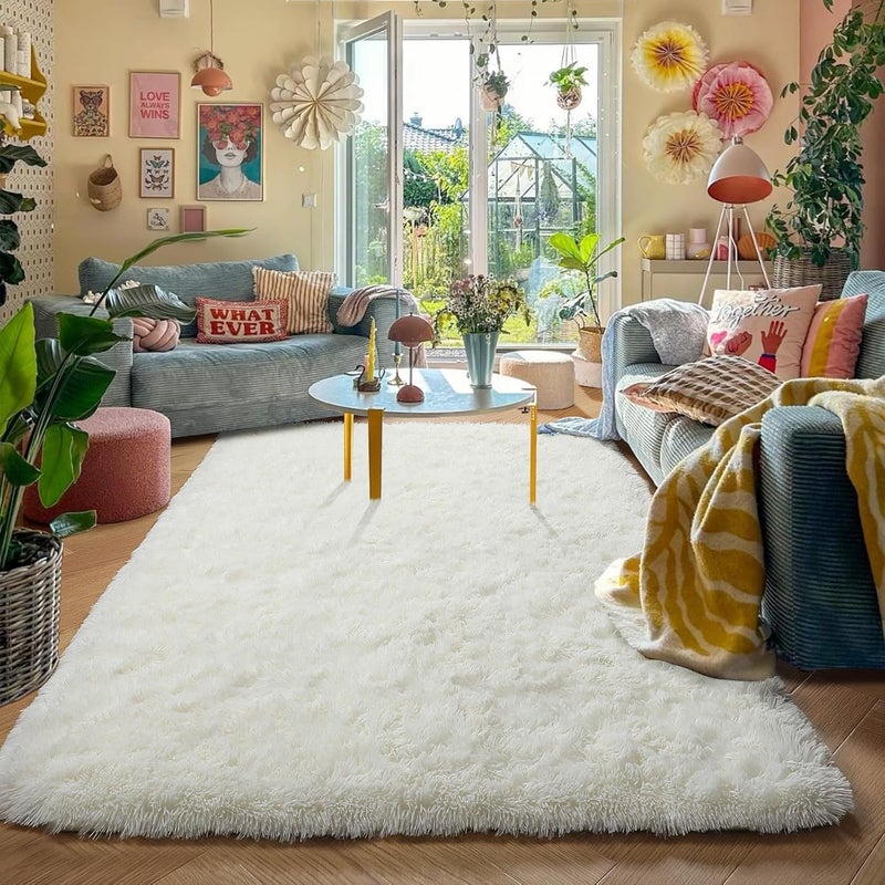 Amdrebio Ivory Area Rugs for Bedroom Living Room, 5x8 Soft Fluffy Modern Indoor Cute Carpet for Kids Room, Home Decor, Thick Fuzzy Rugs for Playroom Nursery Dorm Classroom, Cozy Furry Cream White Rug - Image 4